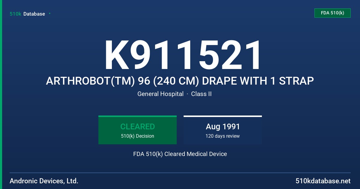 K911521 ARTHROBOT(TM) 96 (240 CM) DRAPE WITH 1 STRAP FDA 510(k) Cleared Medical Device
