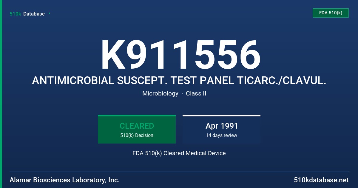 K911556 ANTIMICROBIAL SUSCEPT. TEST PANEL TICARC./CLAVUL. FDA 510(k) Cleared Medical Device