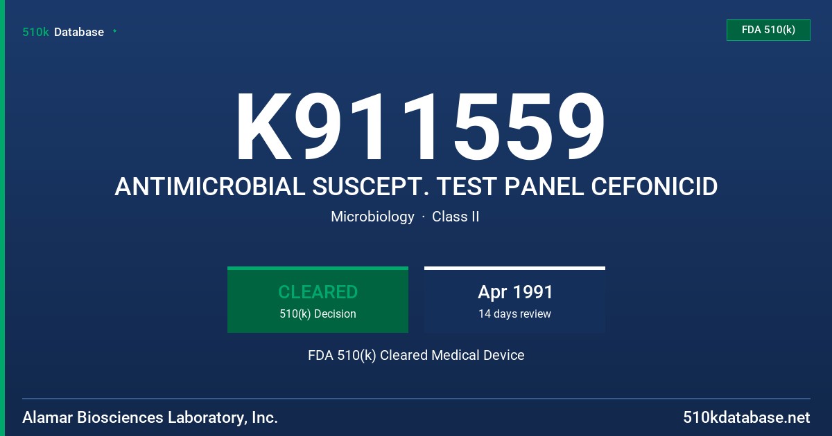 K911559 ANTIMICROBIAL SUSCEPT. TEST PANEL CEFONICID FDA 510(k) Cleared Medical Device