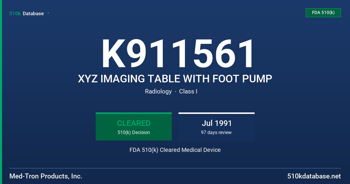 K911561 XYZ IMAGING TABLE WITH FOOT PUMP FDA 510(k) Cleared Medical Device