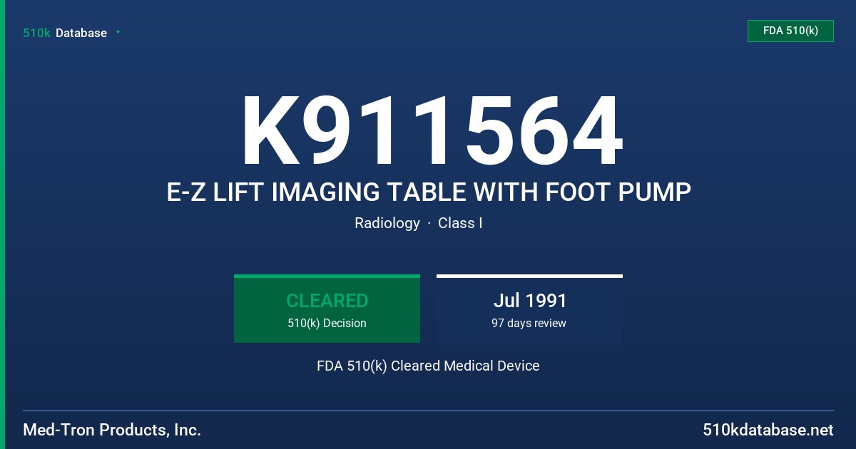 K911564 E-Z LIFT IMAGING TABLE WITH FOOT PUMP FDA 510(k) Cleared Medical Device