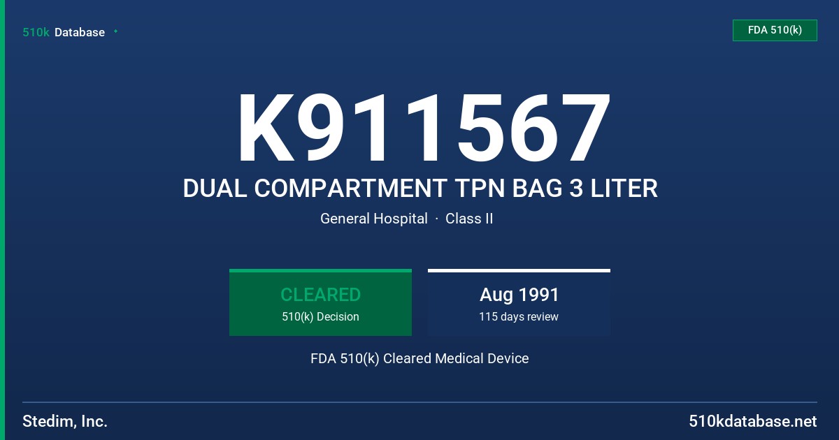 K911567 DUAL COMPARTMENT TPN BAG 3 LITER FDA 510(k) Cleared Medical Device