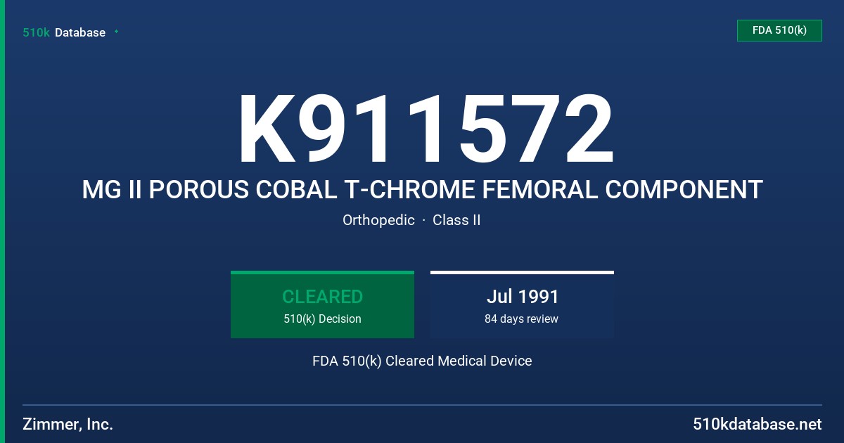 K911572 MG II POROUS COBAL T-CHROME FEMORAL COMPONENT FDA 510(k) Cleared Medical Device