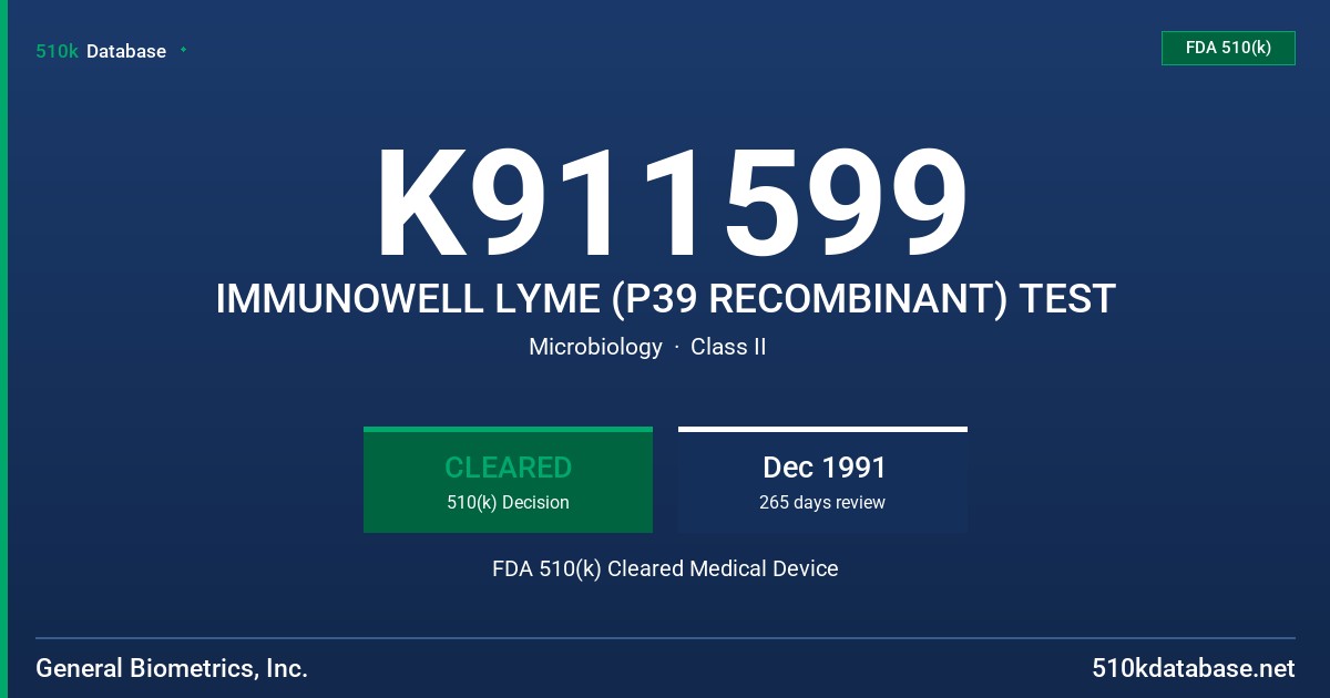 K911599 IMMUNOWELL LYME (P39 RECOMBINANT) TEST FDA 510(k) Cleared Medical Device