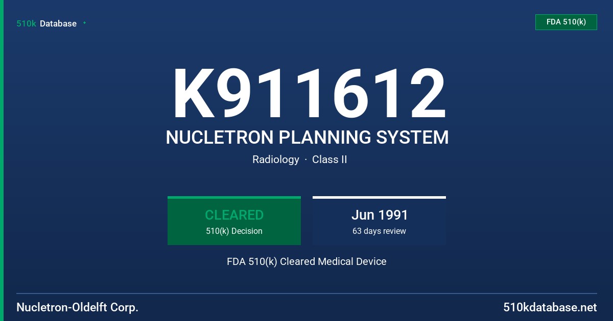 K911612 NUCLETRON PLANNING SYSTEM FDA 510(k) Cleared Medical Device