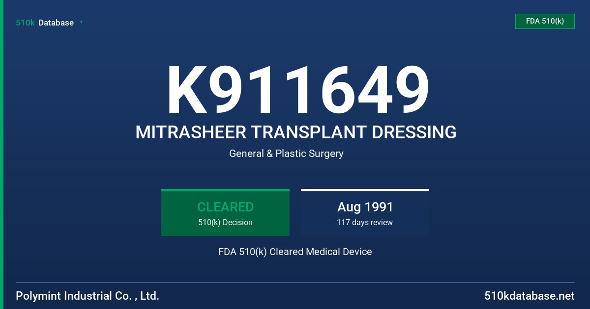 K911649 MITRASHEER TRANSPLANT DRESSING FDA 510(k) Cleared Medical Device