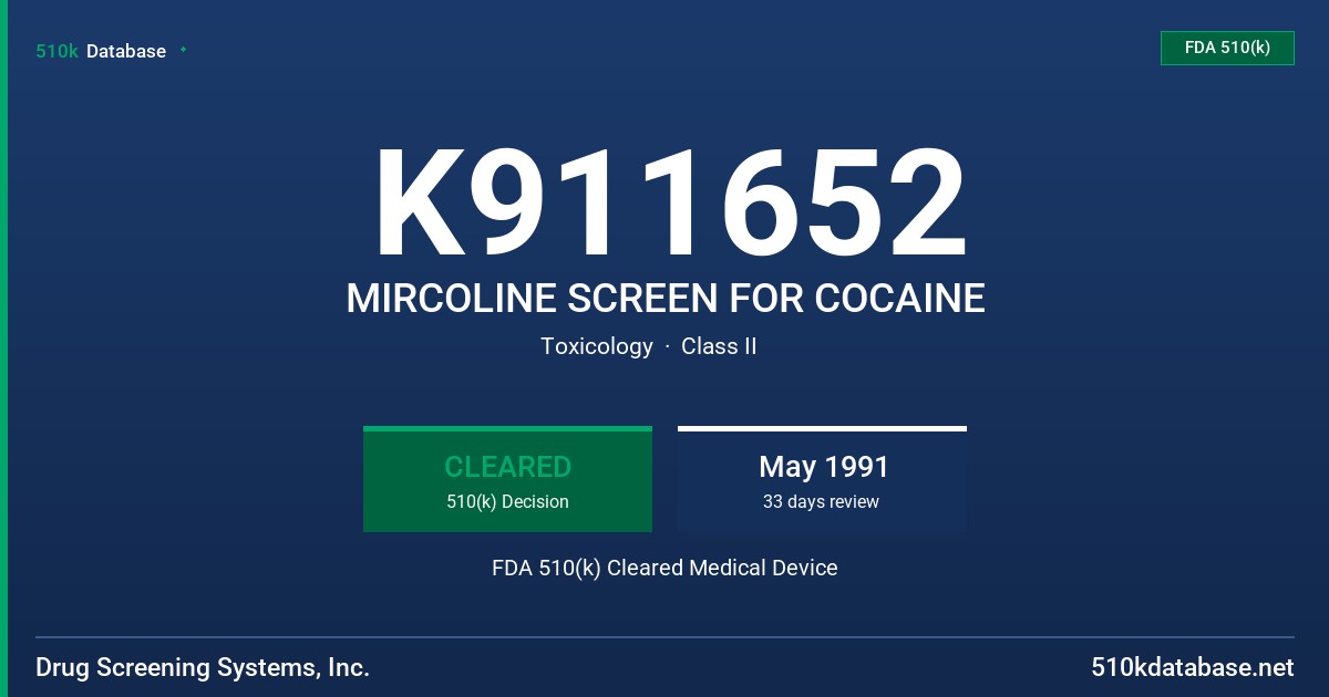 K911652 MIRCOLINE SCREEN FOR COCAINE FDA 510(k) Cleared Medical Device