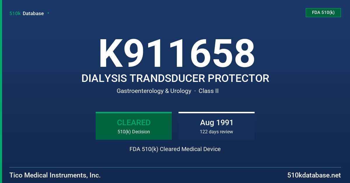 K911658 DIALYSIS TRANDSDUCER PROTECTOR FDA 510(k) Cleared Medical Device