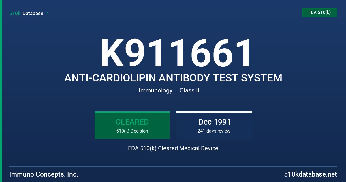 K911661 ANTI-CARDIOLIPIN ANTIBODY TEST SYSTEM FDA 510(k) Cleared Medical Device