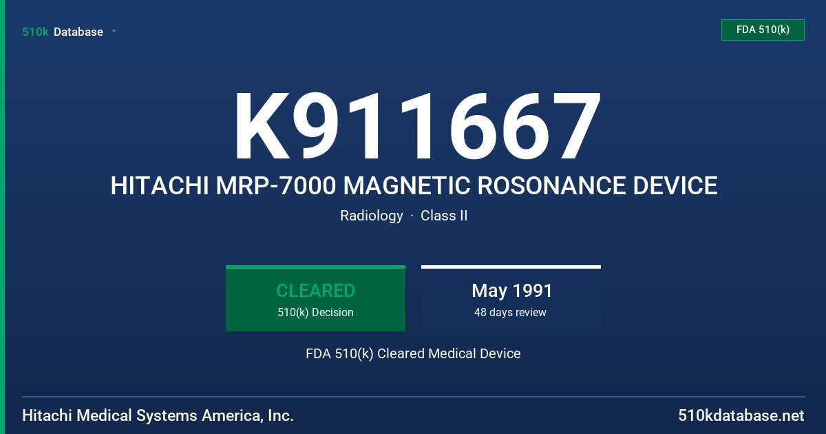 K911667 HITACHI MRP-7000 MAGNETIC ROSONANCE DEVICE FDA 510(k) Cleared Medical Device