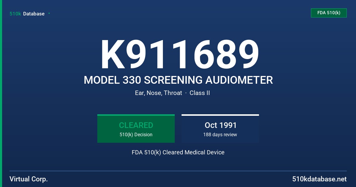 K911689 MODEL 330 SCREENING AUDIOMETER FDA 510(k) Cleared Medical Device