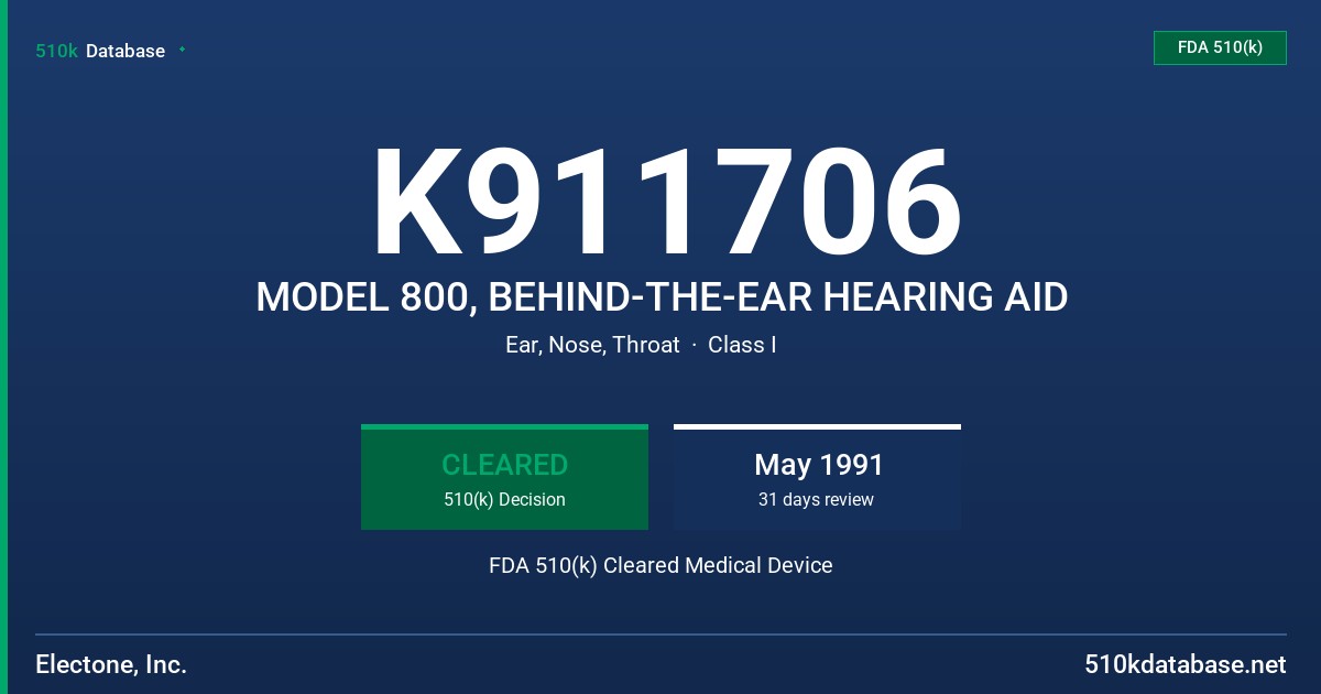 K911706 MODEL 800, BEHIND-THE-EAR HEARING AID FDA 510(k) Cleared Medical Device