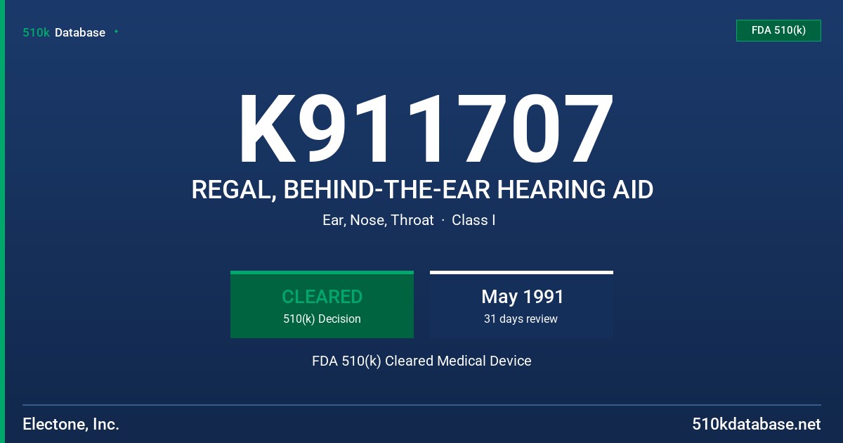 K911707 REGAL, BEHIND-THE-EAR HEARING AID FDA 510(k) Cleared Medical Device
