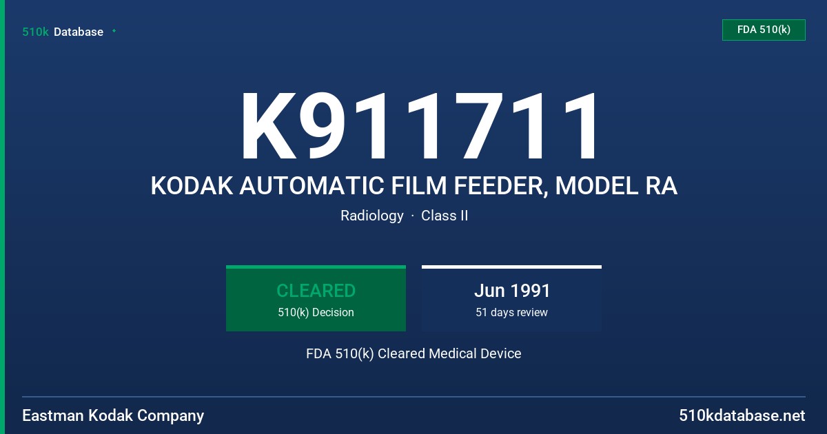 K911711 KODAK AUTOMATIC FILM FEEDER, MODEL RA FDA 510(k) Cleared Medical Device
