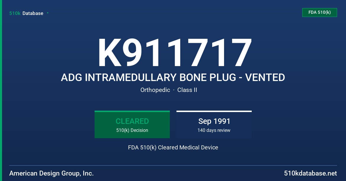 K911717 ADG INTRAMEDULLARY BONE PLUG - VENTED FDA 510(k) Cleared Medical Device