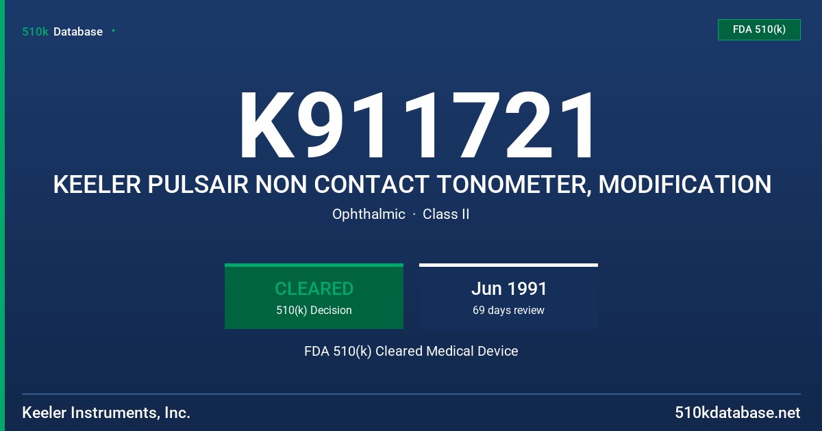 K911721 KEELER PULSAIR NON CONTACT TONOMETER, MODIFICATION FDA 510(k) Cleared Medical Device