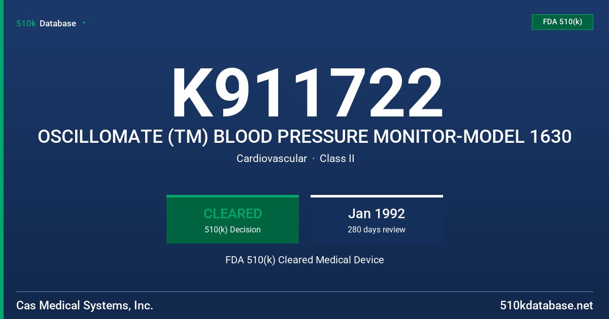 K911722 OSCILLOMATE (TM) BLOOD PRESSURE MONITOR-MODEL 1630 FDA 510(k) Cleared Medical Device