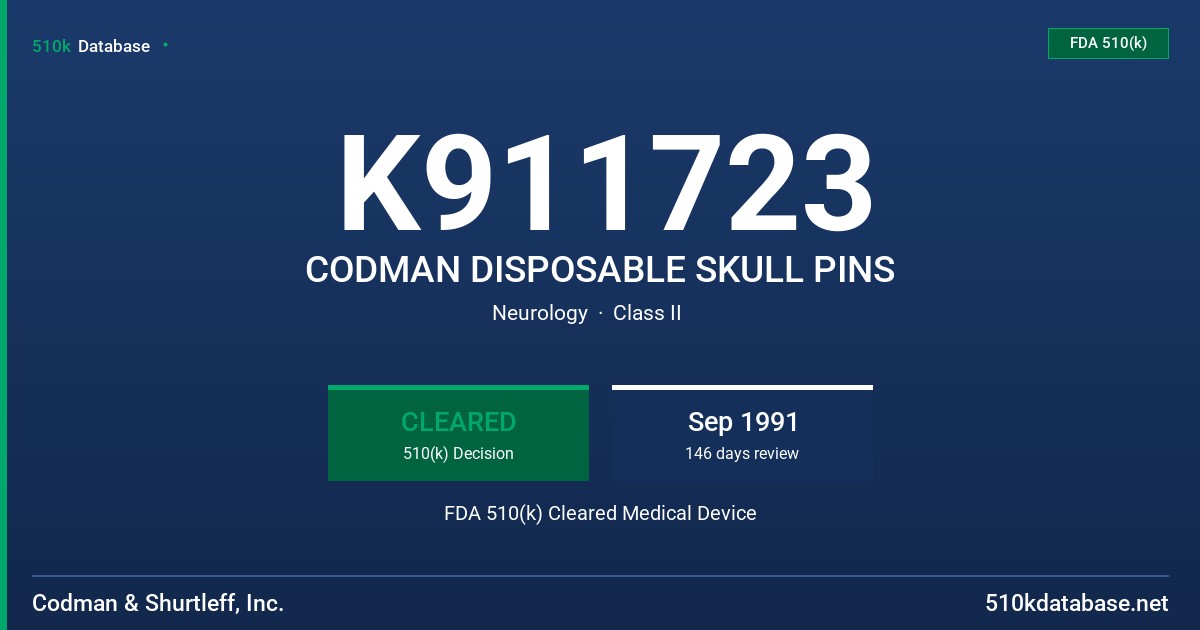 K911723 CODMAN DISPOSABLE SKULL PINS FDA 510(k) Cleared Medical Device