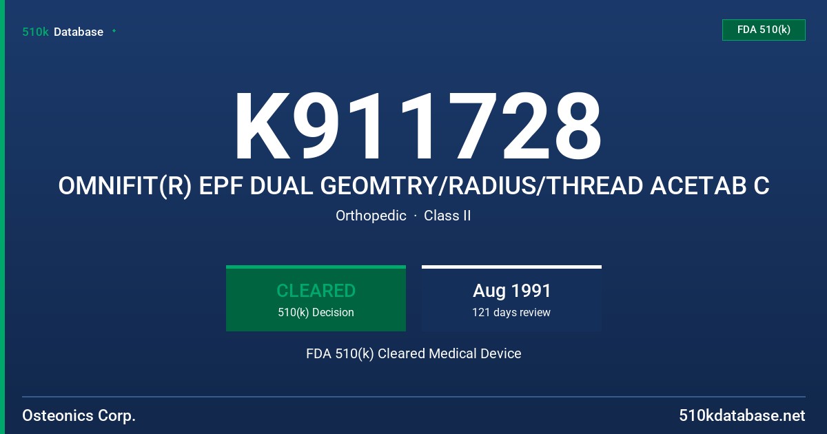 K911728 OMNIFIT(R) EPF DUAL GEOMTRY/RADIUS/THREAD ACETAB C FDA 510(k) Cleared Medical Device