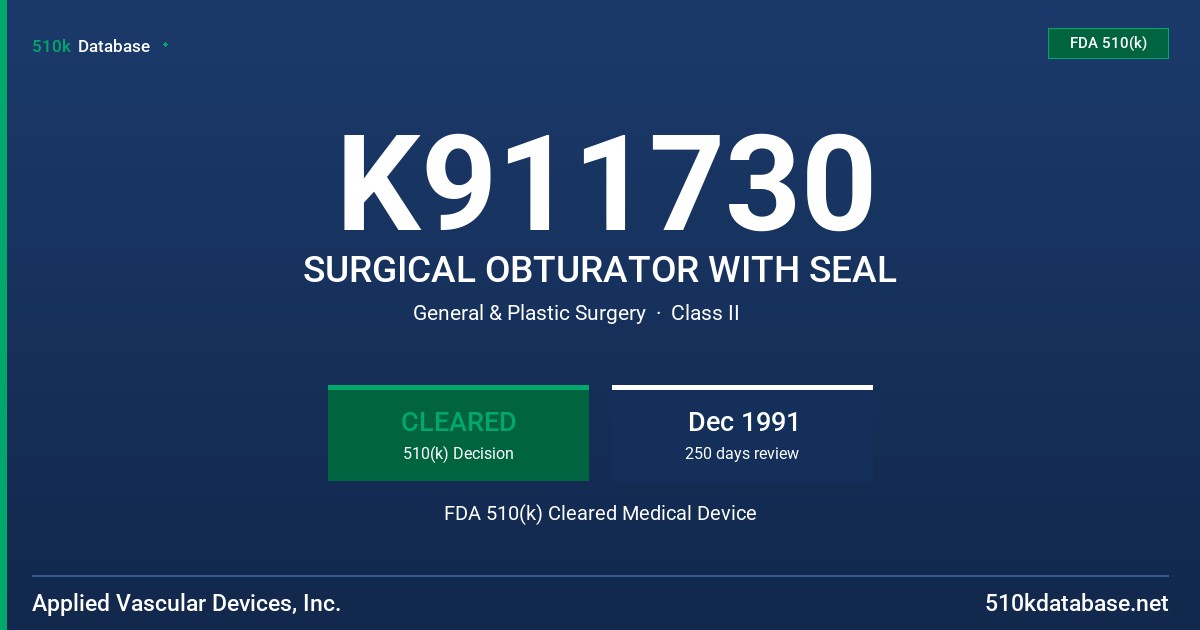 K911730 SURGICAL OBTURATOR WITH SEAL FDA 510(k) Cleared Medical Device