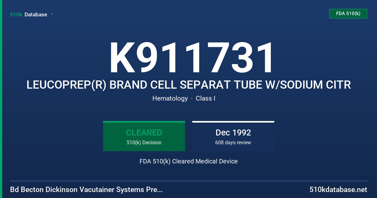 K911731 LEUCOPREP(R) BRAND CELL SEPARAT TUBE W/SODIUM CITR FDA 510(k) Cleared Medical Device