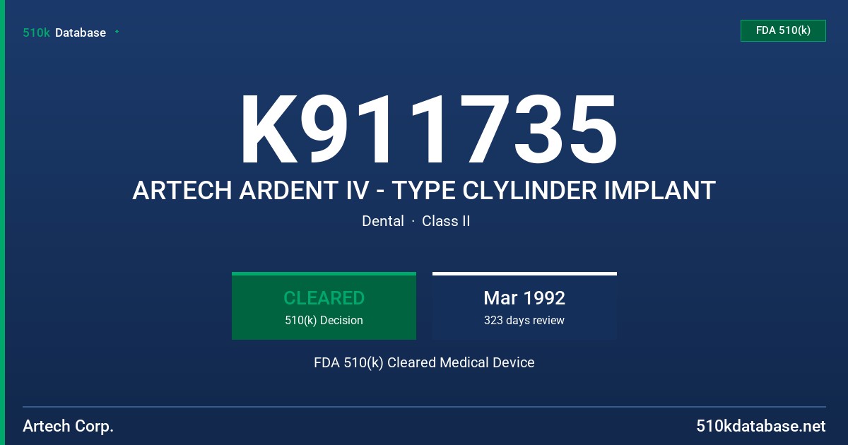 K911735 ARTECH ARDENT IV - TYPE CLYLINDER IMPLANT FDA 510(k) Cleared Medical Device