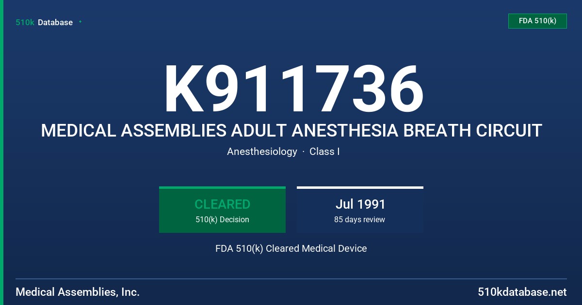 K911736 MEDICAL ASSEMBLIES ADULT ANESTHESIA BREATH CIRCUIT FDA 510(k) Cleared Medical Device