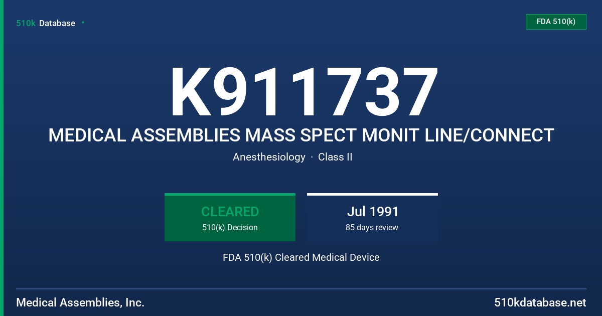 K911737 MEDICAL ASSEMBLIES MASS SPECT MONIT LINE/CONNECT FDA 510(k) Cleared Medical Device