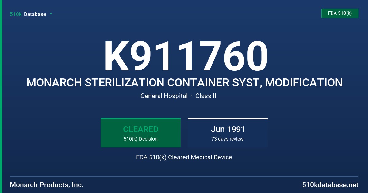 K911760 MONARCH STERILIZATION CONTAINER SYST, MODIFICATION FDA 510(k) Cleared Medical Device