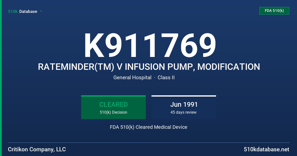 K911769 RATEMINDER(TM) V INFUSION PUMP, MODIFICATION FDA 510(k) Cleared Medical Device