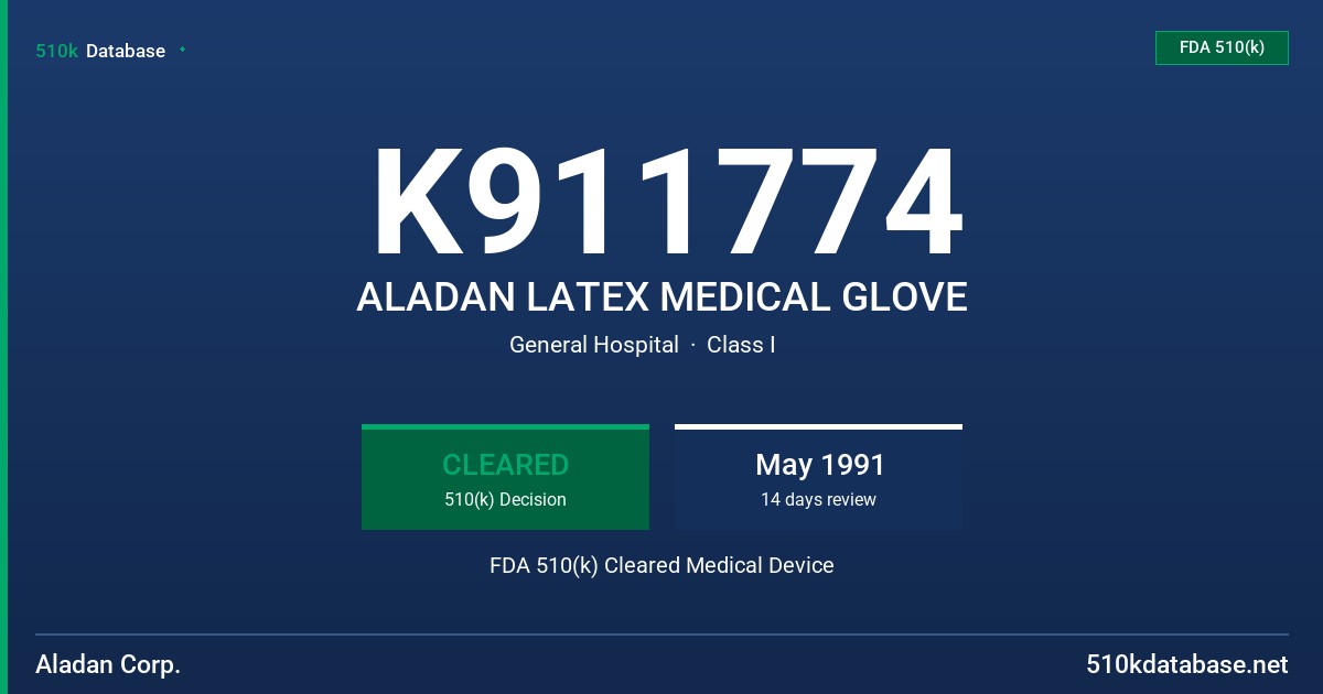 K911774 ALADAN LATEX MEDICAL GLOVE FDA 510(k) Cleared Medical Device