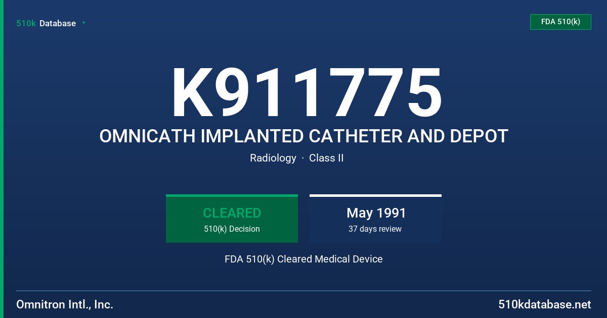K911775 OMNICATH IMPLANTED CATHETER AND DEPOT FDA 510(k) Cleared Medical Device