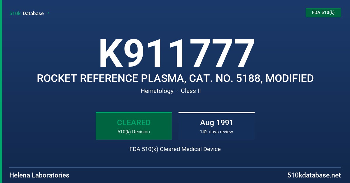 K911777 ROCKET REFERENCE PLASMA, CAT. NO. 5188, MODIFIED FDA 510(k) Cleared Medical Device
