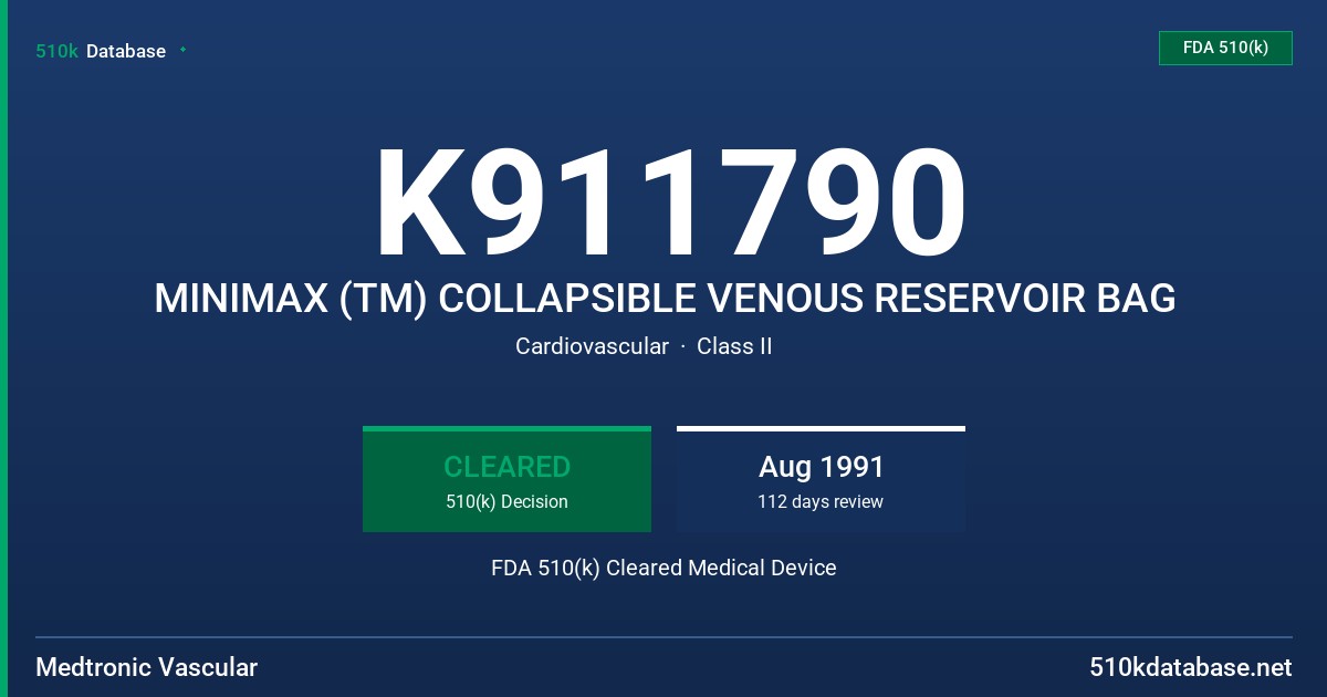 K911790 MINIMAX (TM) COLLAPSIBLE VENOUS RESERVOIR BAG FDA 510(k) Cleared Medical Device