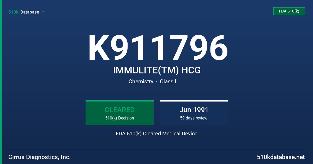 K911796 IMMULITE(TM) HCG FDA 510(k) Cleared Medical Device