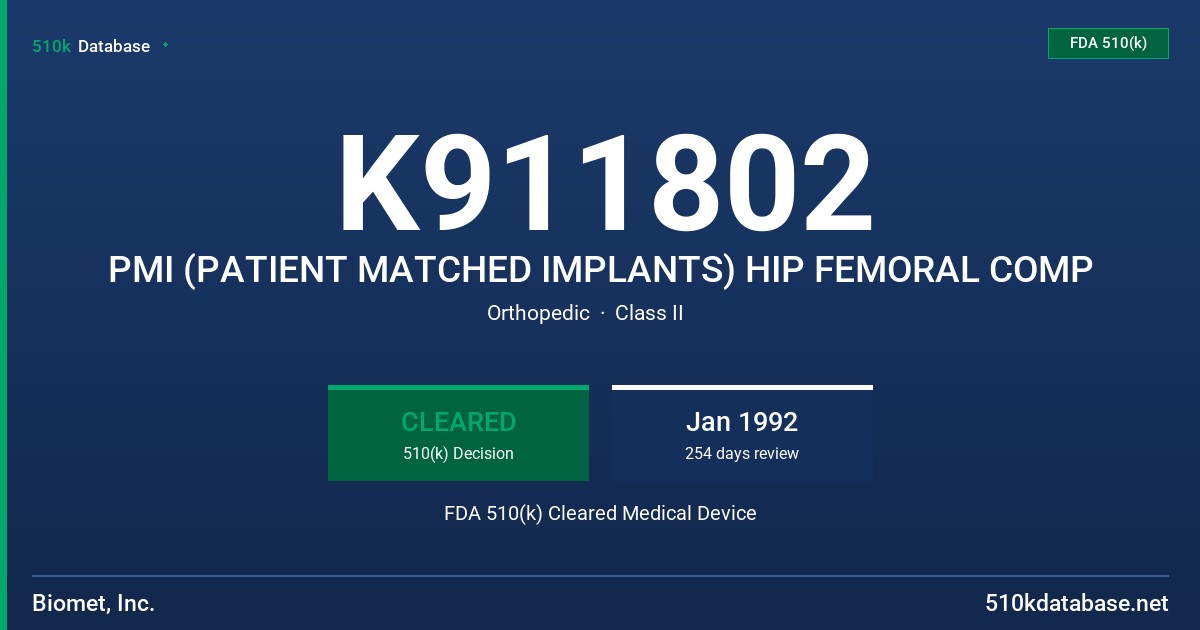 K911802 PMI (PATIENT MATCHED IMPLANTS) HIP FEMORAL COMP FDA 510(k) Cleared Medical Device