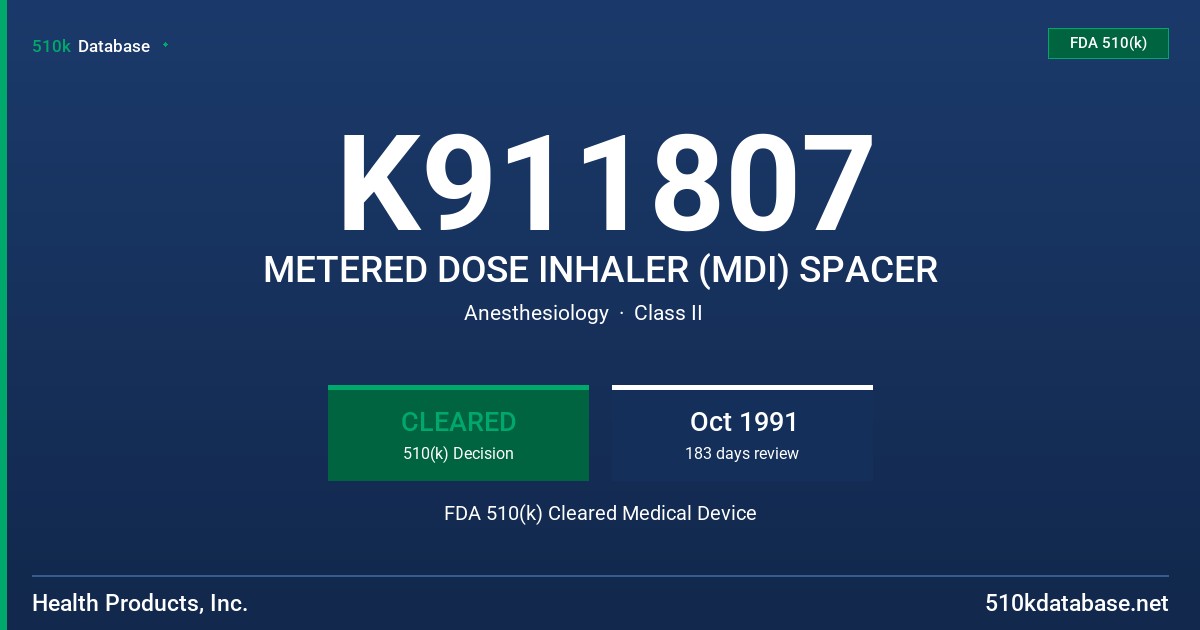 K911807 METERED DOSE INHALER (MDI) SPACER FDA 510(k) Cleared Medical Device