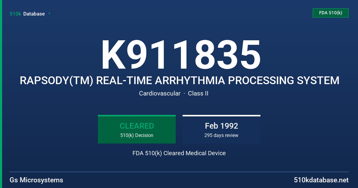 K911835 RAPSODY(TM) REAL-TIME ARRHYTHMIA PROCESSING SYSTEM FDA 510(k) Cleared Medical Device