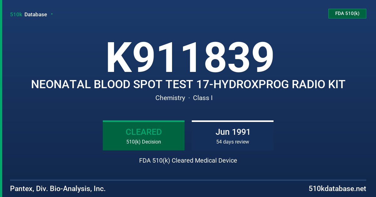 K911839 NEONATAL BLOOD SPOT TEST 17-HYDROXPROG RADIO KIT FDA 510(k) Cleared Medical Device