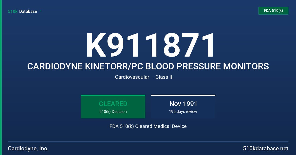 K911871 CARDIODYNE KINETORR/PC BLOOD PRESSURE MONITORS FDA 510(k) Cleared Medical Device
