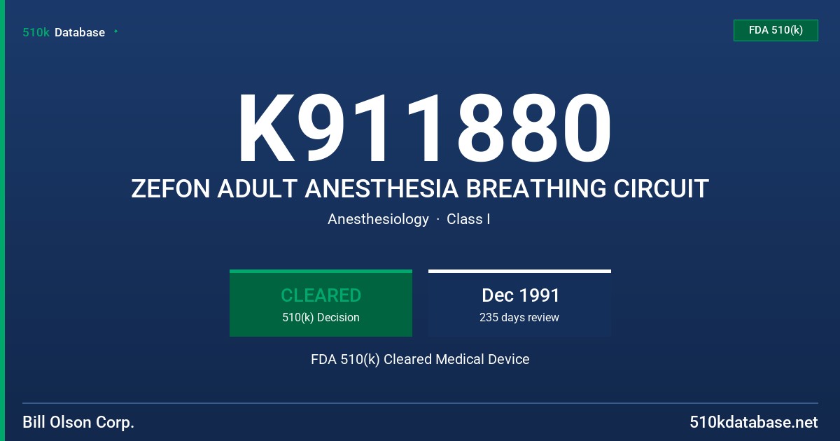 K911880 ZEFON ADULT ANESTHESIA BREATHING CIRCUIT FDA 510(k) Cleared Medical Device