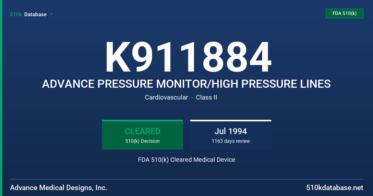 K911884 ADVANCE PRESSURE MONITOR/HIGH PRESSURE LINES FDA 510(k) Cleared Medical Device