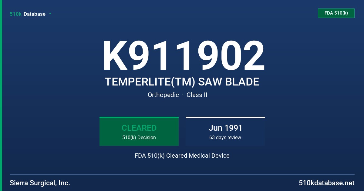 K911902 TEMPERLITE(TM) SAW BLADE FDA 510(k) Cleared Medical Device