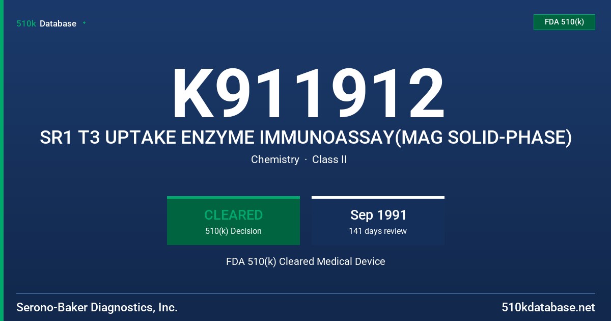 K911912 SR1 T3 UPTAKE ENZYME IMMUNOASSAY(MAG SOLID-PHASE) FDA 510(k) Cleared Medical Device