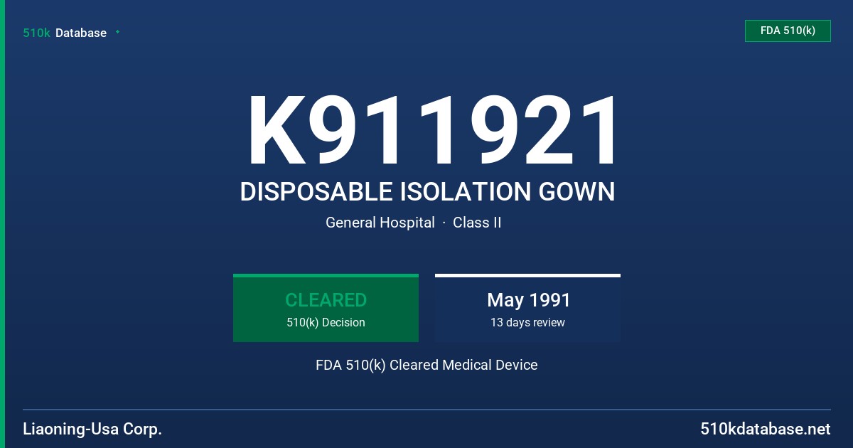 K911921 DISPOSABLE ISOLATION GOWN FDA 510(k) Cleared Medical Device