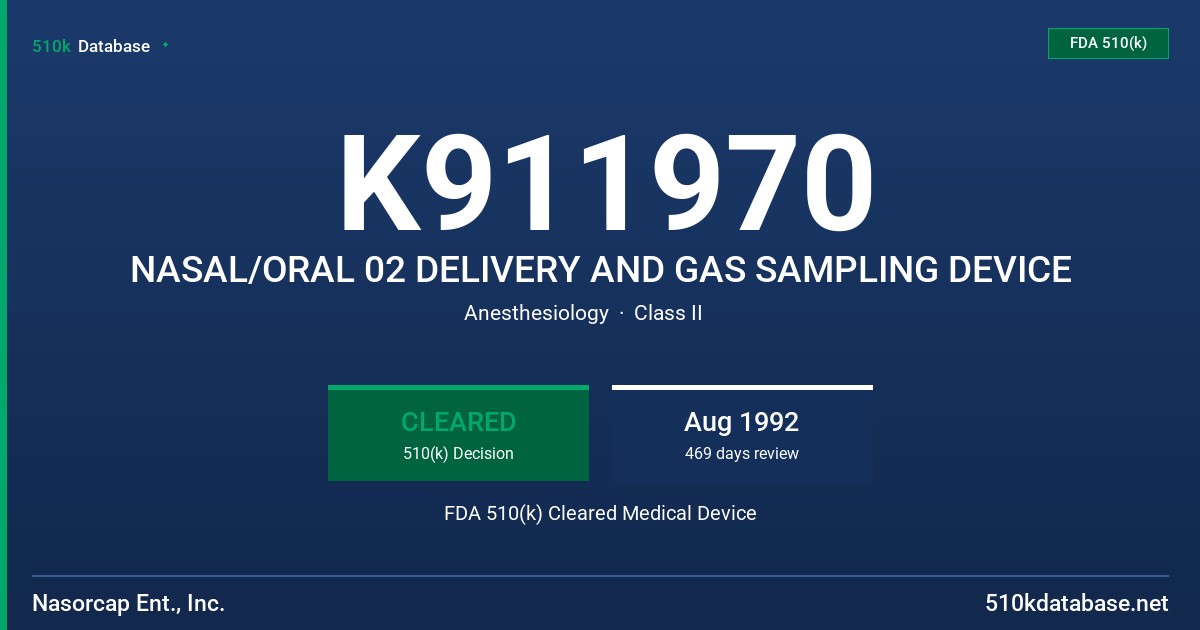 K911970 NASAL/ORAL 02 DELIVERY AND GAS SAMPLING DEVICE FDA 510(k) Cleared Medical Device