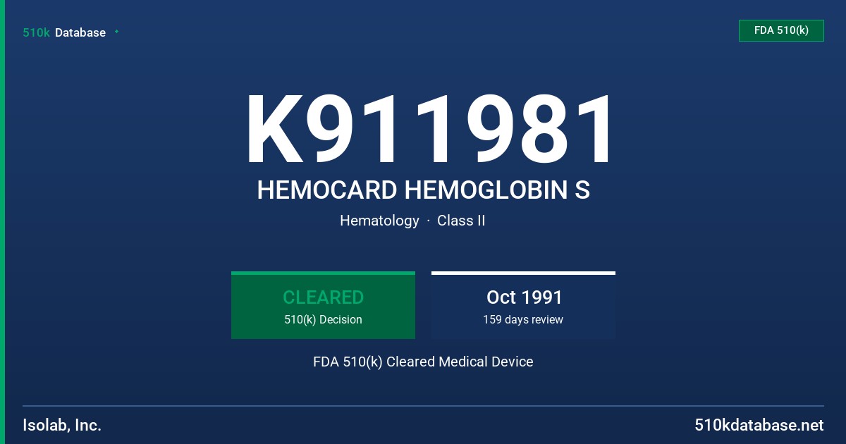 K911981 HEMOCARD HEMOGLOBIN S FDA 510(k) Cleared Medical Device