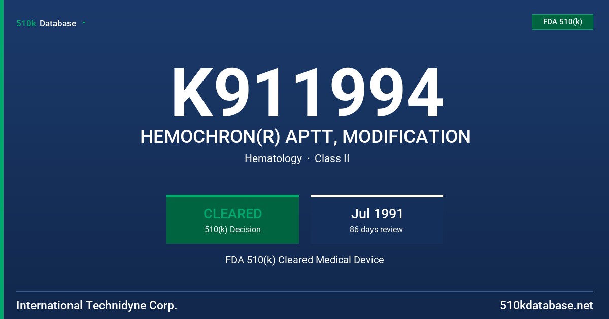 K911994 HEMOCHRON(R) APTT, MODIFICATION FDA 510(k) Cleared Medical Device
