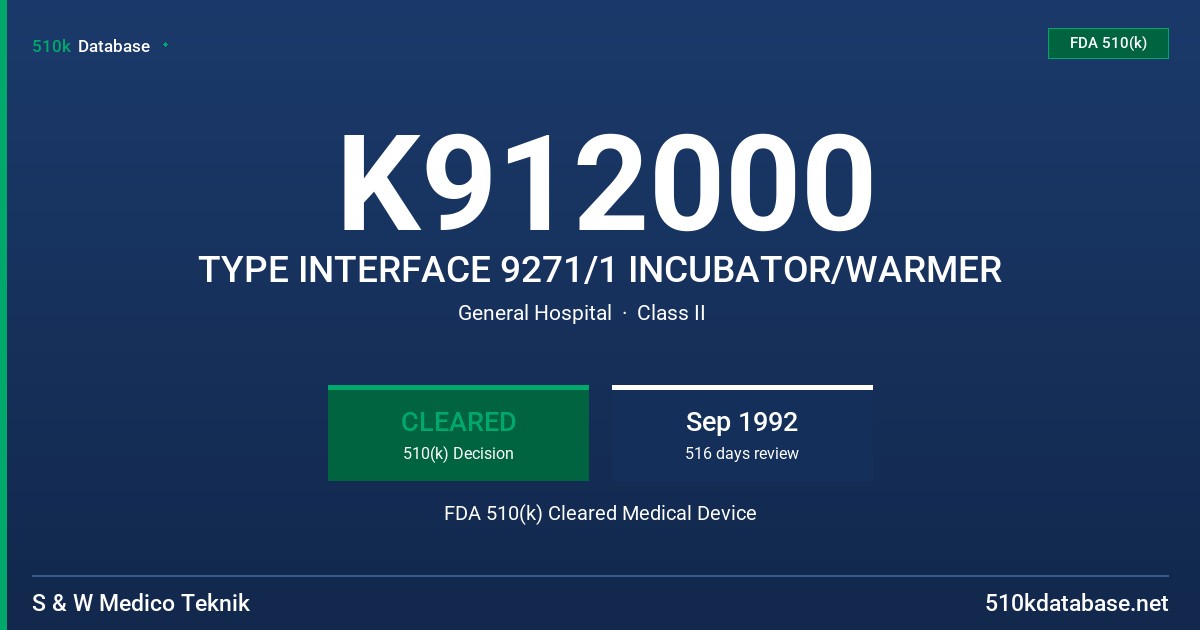 K912000 TYPE INTERFACE 9271/1 INCUBATOR/WARMER FDA 510(k) Cleared Medical Device