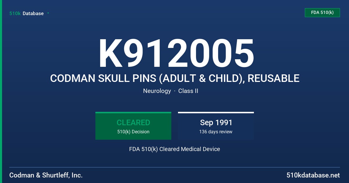 K912005 CODMAN SKULL PINS (ADULT & CHILD), REUSABLE FDA 510(k) Cleared Medical Device
